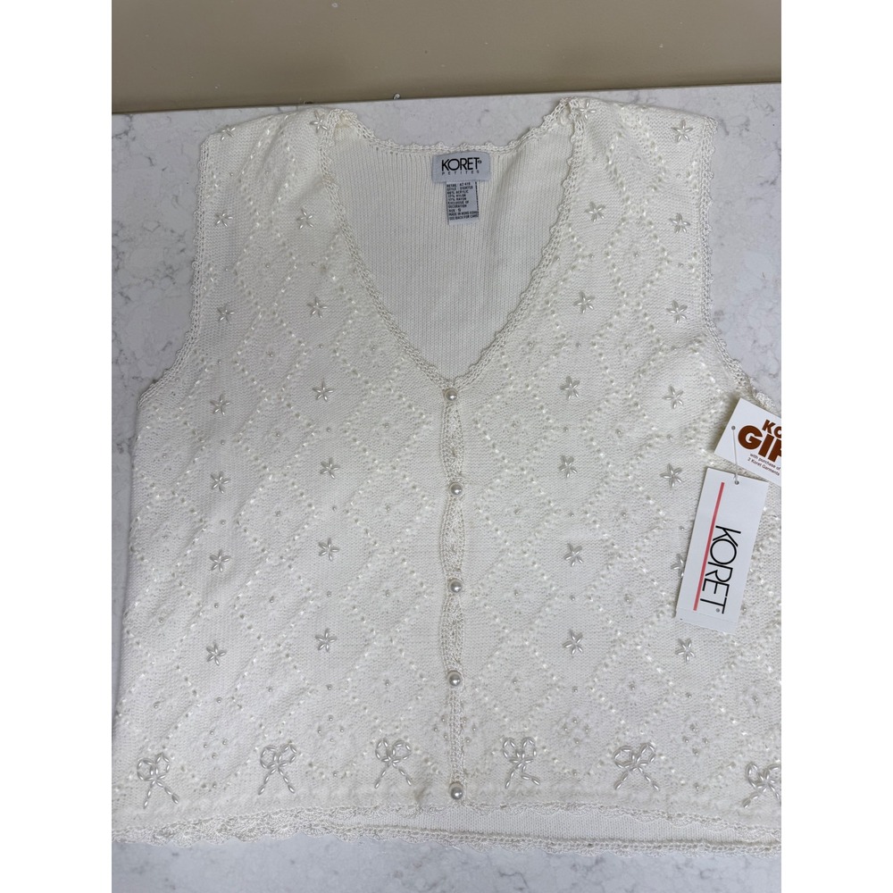 Koret Petites Ivory Beaded‎ Bow Knit Vest Sweater Women's Size S